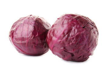 Whole ripe red cabbage on white background