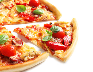 Delicious pizza with tomatoes and sausages on white background