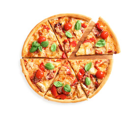 Delicious pizza with tomatoes and sausages on white background