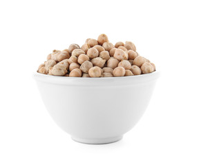 Bowl with dried peas on white background