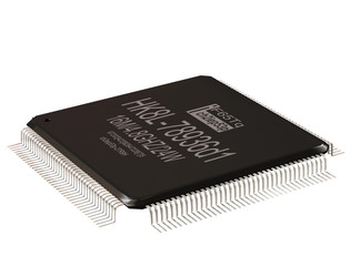 Integrated circuit or lowpass micro chip and new technologies on isolated. Computer parts coprocessor integral IC component digital signal processor. Microprocessors 3d rendering.