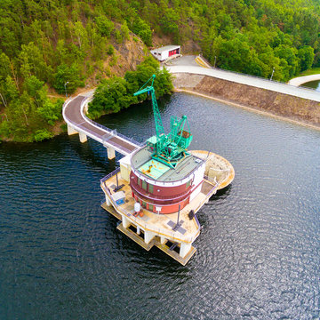 The Hracholusky dam with water power plant. The water reservoir on the river Mze. Source of renewable energy and popular recreational area in Western Bohemia. Czech Republic, Europe.