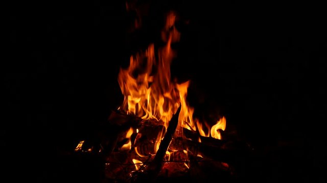 Video footage of a burning and sparking campfire at night with burning woods in 4K resolution.