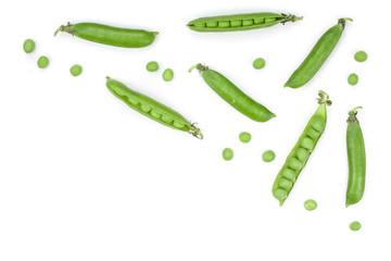 Fresh green pea pod isolated on white background. Top view. Flat lay pattern