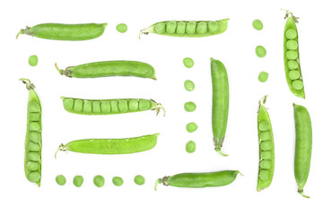 Fresh green pea pod isolated on white background. Set or collection. Top view. Flat lay pattern