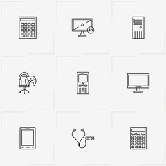 Gadgets line icon set with computer case, calculator and earphones