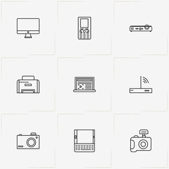 Gadgets line icon set with computer monitor , projector and printer