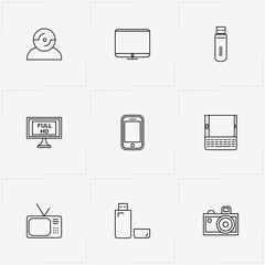 Gadgets line icon set with smart phone, monitor  and mobile phone keyboard