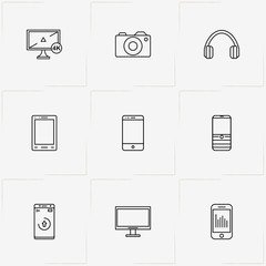 Gadgets line icon set with television, smart phone and headphone