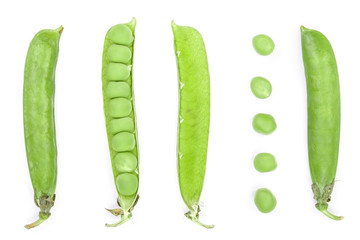 Fresh green pea pod isolated on white background. Set or collection. Top view. Flat lay pattern