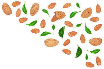 almonds decorated with leaves isolated on white background with copy space for your text. Top view. Flat lay pattern