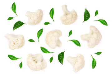Piece of cauliflower decorated with green leaves isolated on white background. Top view. Flat lay