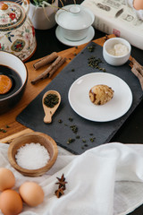 Peeled Chinese tea egg and ingredients