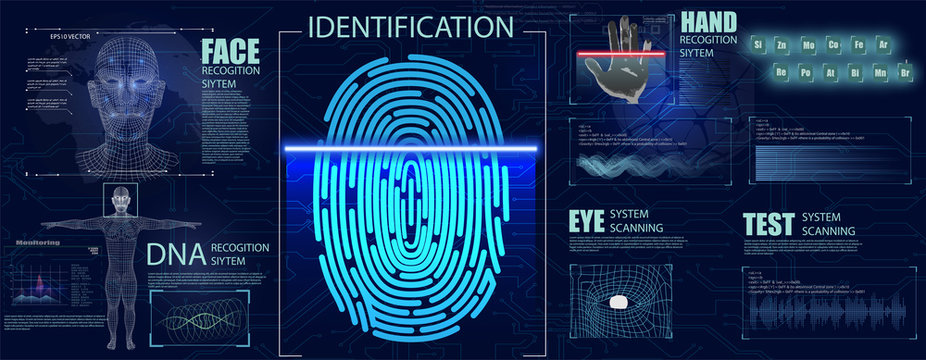 Biometrics Set HUD Elements. Authorization verification biometric scanners set of editable text and neon colored electronic interface elements for identification vector illustration
