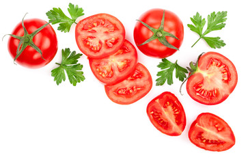 tomatoes with parsley leaves with copy space for your text isolated on white background. Top view. Flat lay