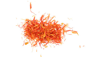 Fototapeta premium Heap of saffron isolated on white background. Top view. Flat lay