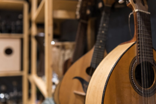 Close-up lutes on shelf