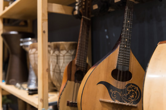 Close-up lutes on shelf