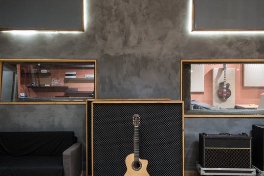 Acoustic guitar near amplifier