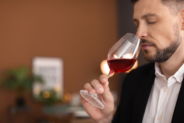 Young man with glass of wine indoors