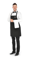 Obraz na płótnie Canvas Full length portrait of handsome waiter in elegant uniform on white background