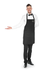 Full length portrait of handsome waiter in elegant uniform on white background