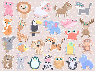Cute animal sticker set. Flat design
