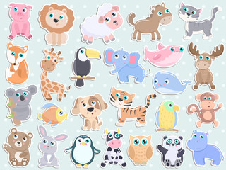 Cute animal sticker set. Flat design