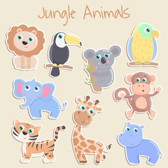 Cute jungle animals sticker. Flat design.