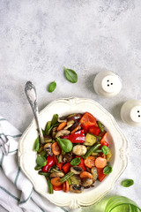 Vegetables stewed with mushrooms.Top view with copy space.