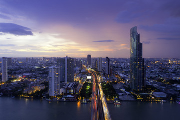 Aerial view of Bangkok modern office buildings, condominium, living place in Bangkok city downtown with sunset scenery, Bangkok is the most populated city in Southeast Asia.Bangkok , Thailand