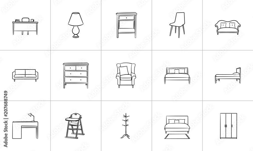 Sticker furniture outline doodle icon set for print, web, mobile and infographics. hand drawn furniture vect