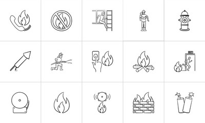 Fire outline doodle icon set for print, web, mobile and infographics. Hand drawn fire vector sketch illustration set isolated on white background.