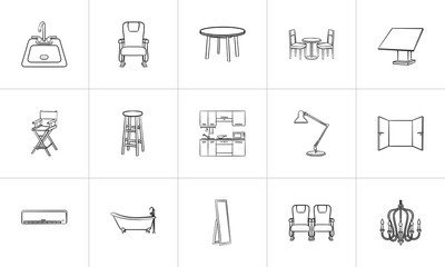 Furniture outline doodle icon set for print, web, mobile and infographics. Hand drawn furniture vector sketch illustration set isolated on white background.