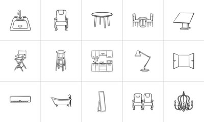 Furniture outline doodle icon set for print, web, mobile and infographics. Hand drawn furniture vector sketch illustration set isolated on white background.