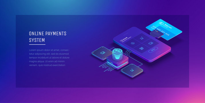 Financial Analytics, Digital Financial Services. Phone With A Mobile Interface Of The Payment System, Money Transfers And Financial Transactions. Vector Illustration Isometric Style.