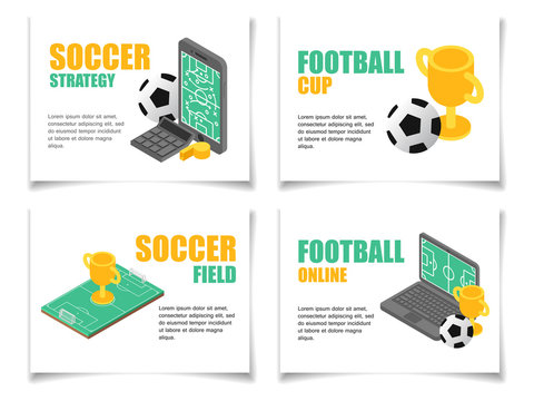 Set vector illustration isometric football field with strategy on screen smartphone. Bundle concept soccer cup online