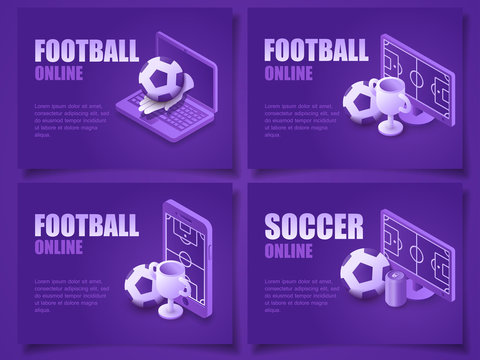 Bundle vector illustration isometric football online live on modern device gadgets. Pack concept soccer online