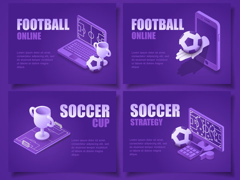Collection vector illustration isometric soccer field and modern device gadgets. Set concept soccer cup online
