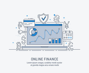 Online finance, security payments, transactions, investments and deposits, advanced information technology. Modern thin line vector illustration.