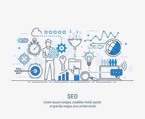 Modern flat thin line design vector illustration, concept seo optimization in search engine, for graphic and web design.