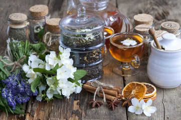 Fototapeta na wymiar Cup of herbal tea with wild flowers and various herbs 