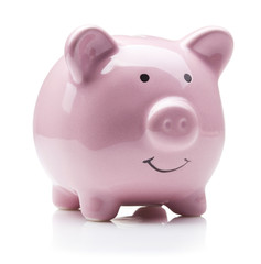 single pink piggy bank isolated on white background