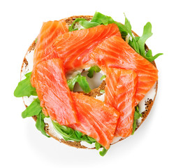 top view of bagel sandwich with salmon isolated on white background