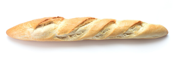 single loaf of french baguette isolated on white background