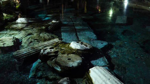 Night View of Cleopatra's Pool in antique Hierapolis, Pamukkale, Denizli, Turkey.
