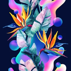 Poster Abstracte zachte gradiëntonscherpte, kleurrijke vloeiende en geometrische vormen, aquarel palmtekening. © Tanya Syrytsyna