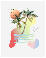 Abstract soft gradient, colorful fluid and geometric shapes, wavy brush strokes, watercolor palm drawing.