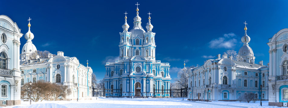 Saint Petersburg. View of the Smolny Cathedral. Russia. Winter in Petersburg. Panorama of the Smolny Cathedral. Panorama of Petersburg in winter.