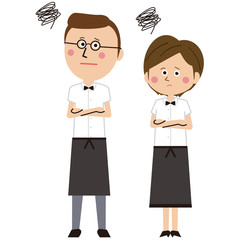 ポップな飲食店のウェーターとウェートレスが悩む